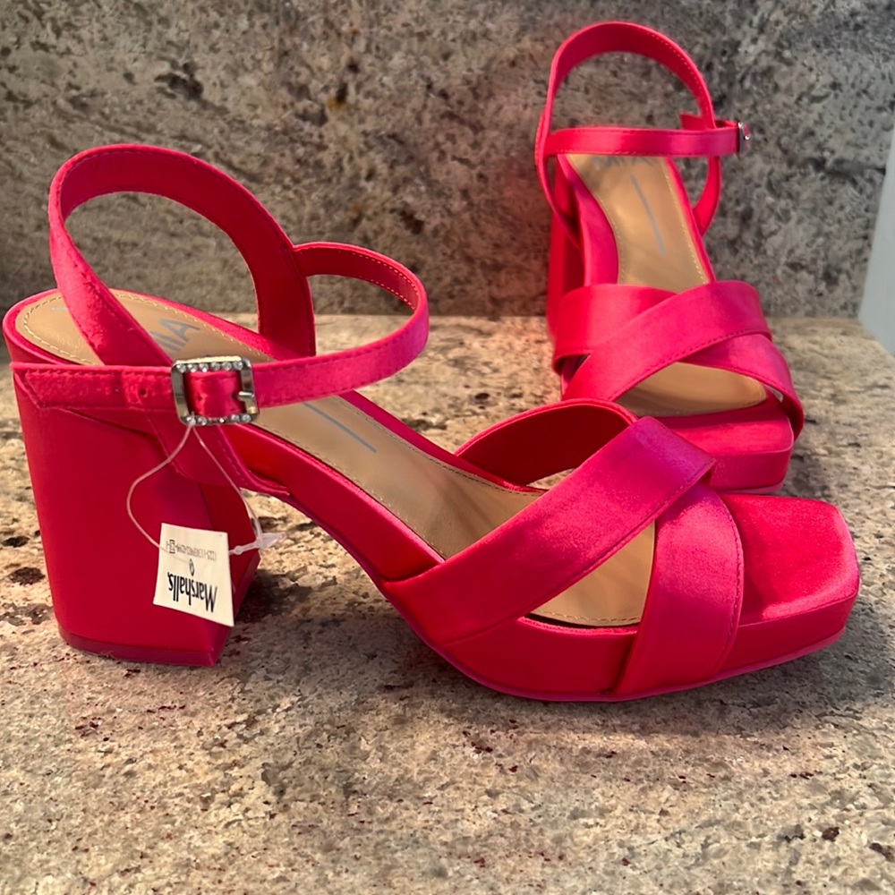 Pink Satin Block Heels